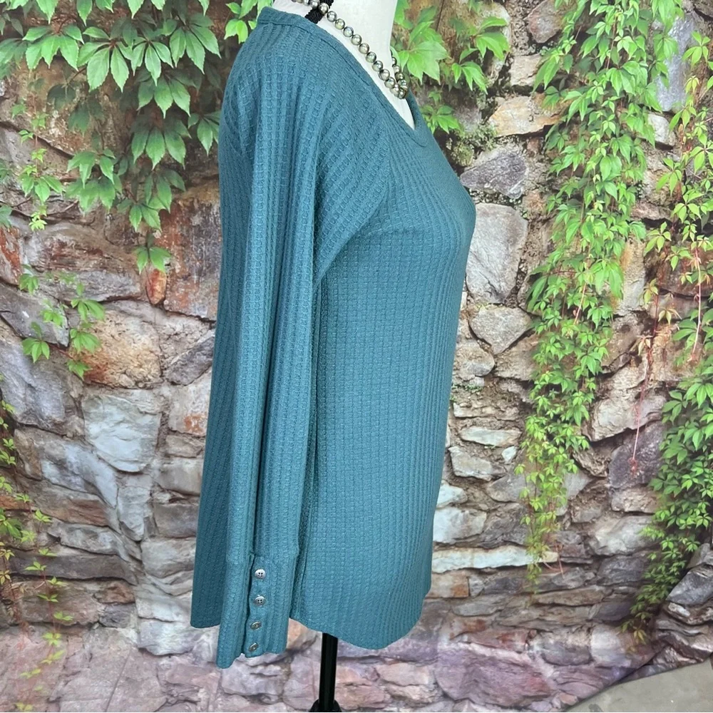 CHASER Green Waffle Weave Button Cuff Bohemian Thermal Shirt, S - Picture 3 of 11